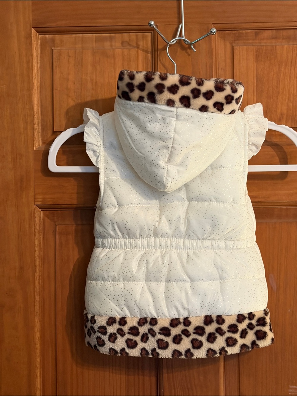 Little Lass Toddler Girls White Iridescent Puffer Vest Faux Fur Leopard Trim Bow - Picture 2 of 8
